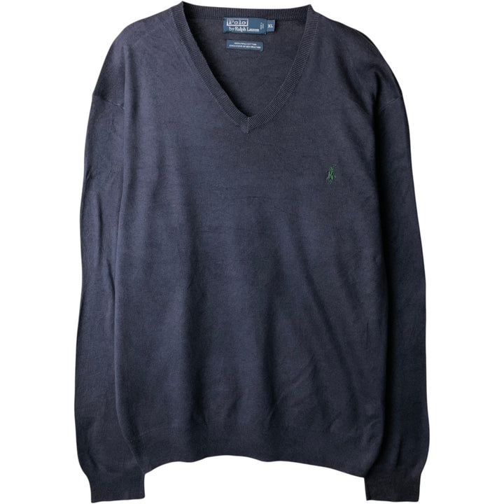 Ralph Lauren POLO by Ralph Lauren V-neck cotton knit sweater, men's XL size Pima Cotton navy blue type Vintage Second Hand