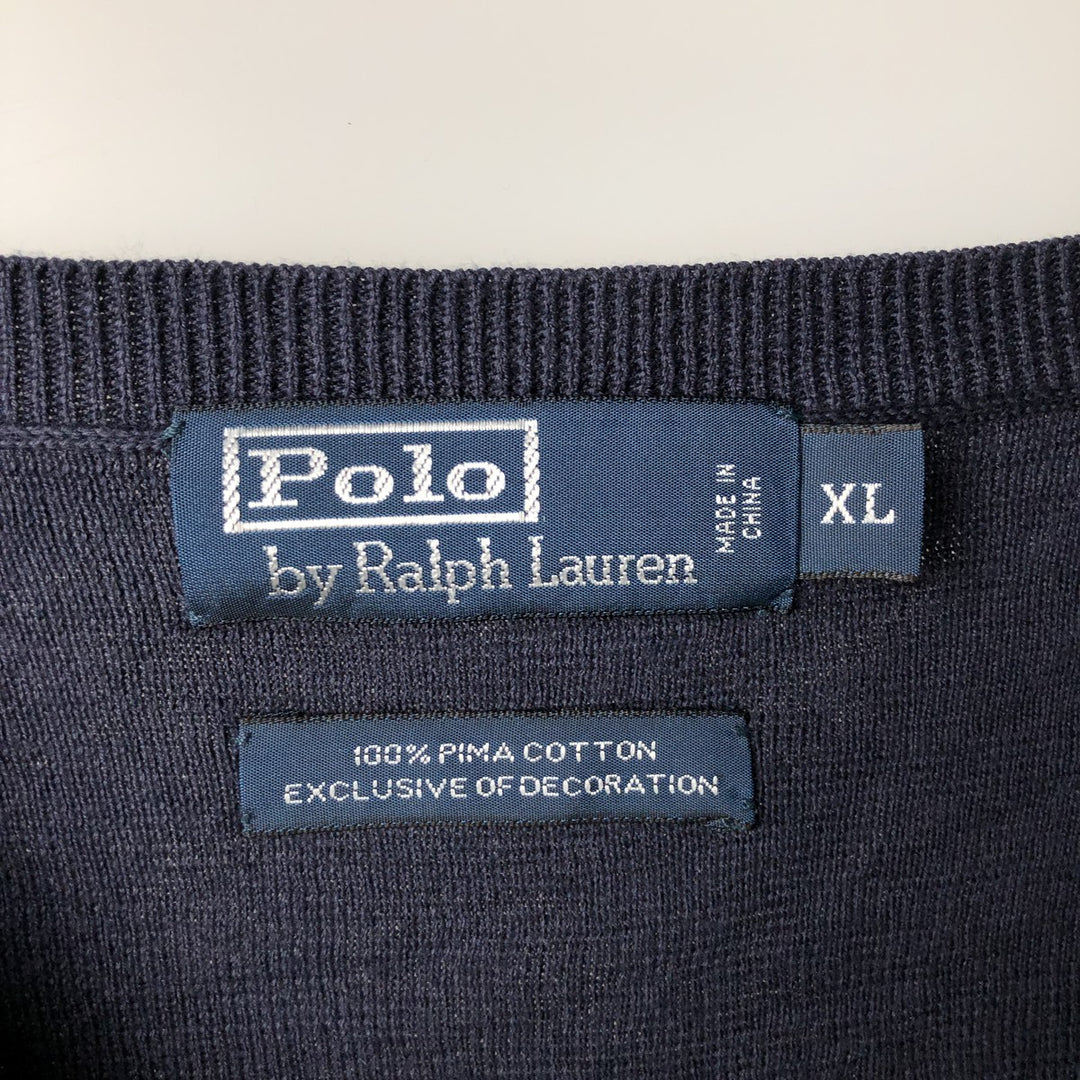 Ralph Lauren POLO by Ralph Lauren V-neck cotton knit sweater, men's XL size Pima Cotton navy blue type Vintage Second Hand