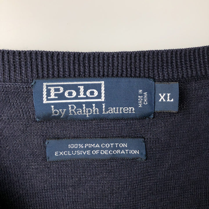 Ralph Lauren POLO by Ralph Lauren V-neck cotton knit sweater, men's XL size Pima Cotton navy blue type Vintage Second Hand