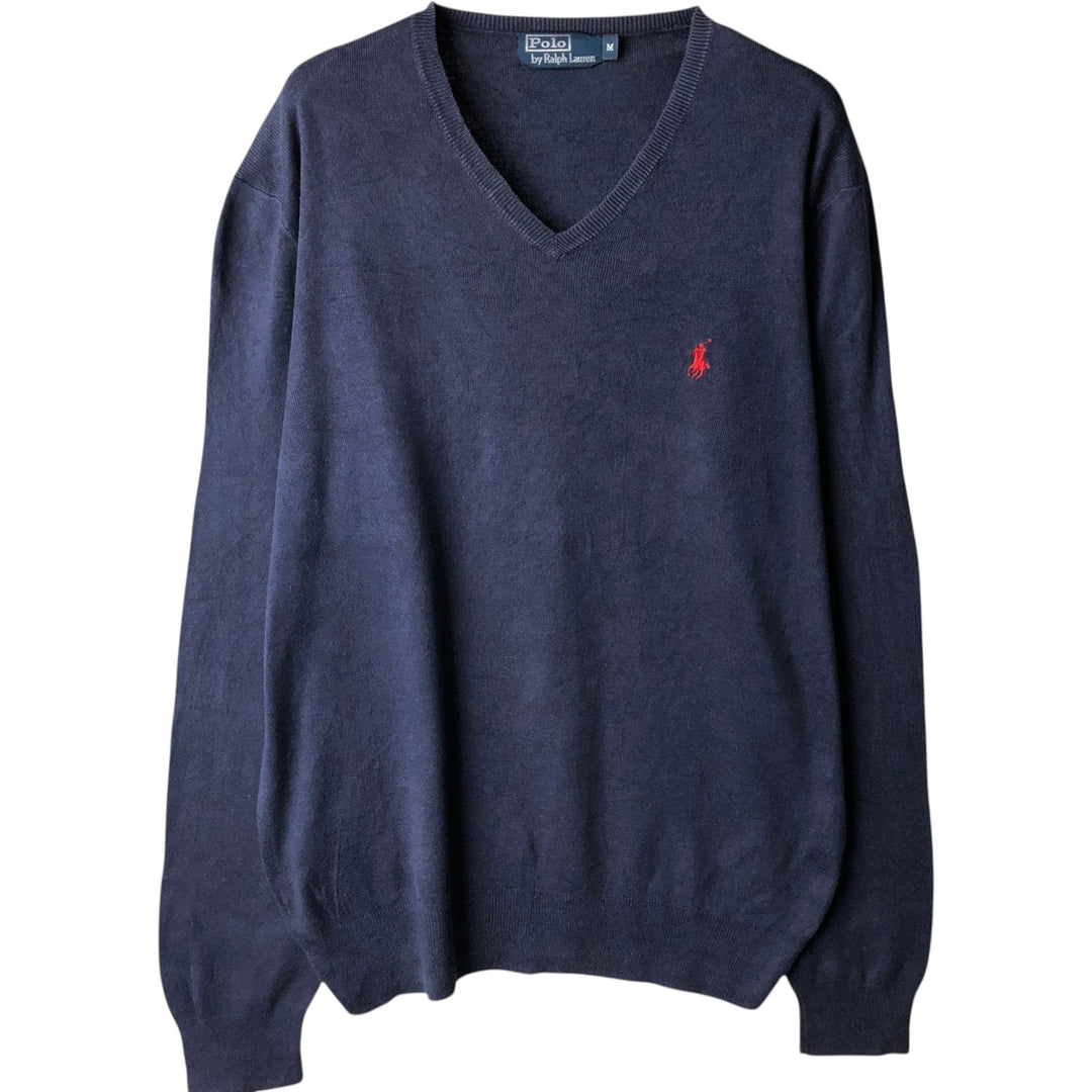 Ralph Lauren POLO by Ralph Lauren V-neck cotton knit sweater, men's size M Pima Cotton navy blue type Vintage Second Hand