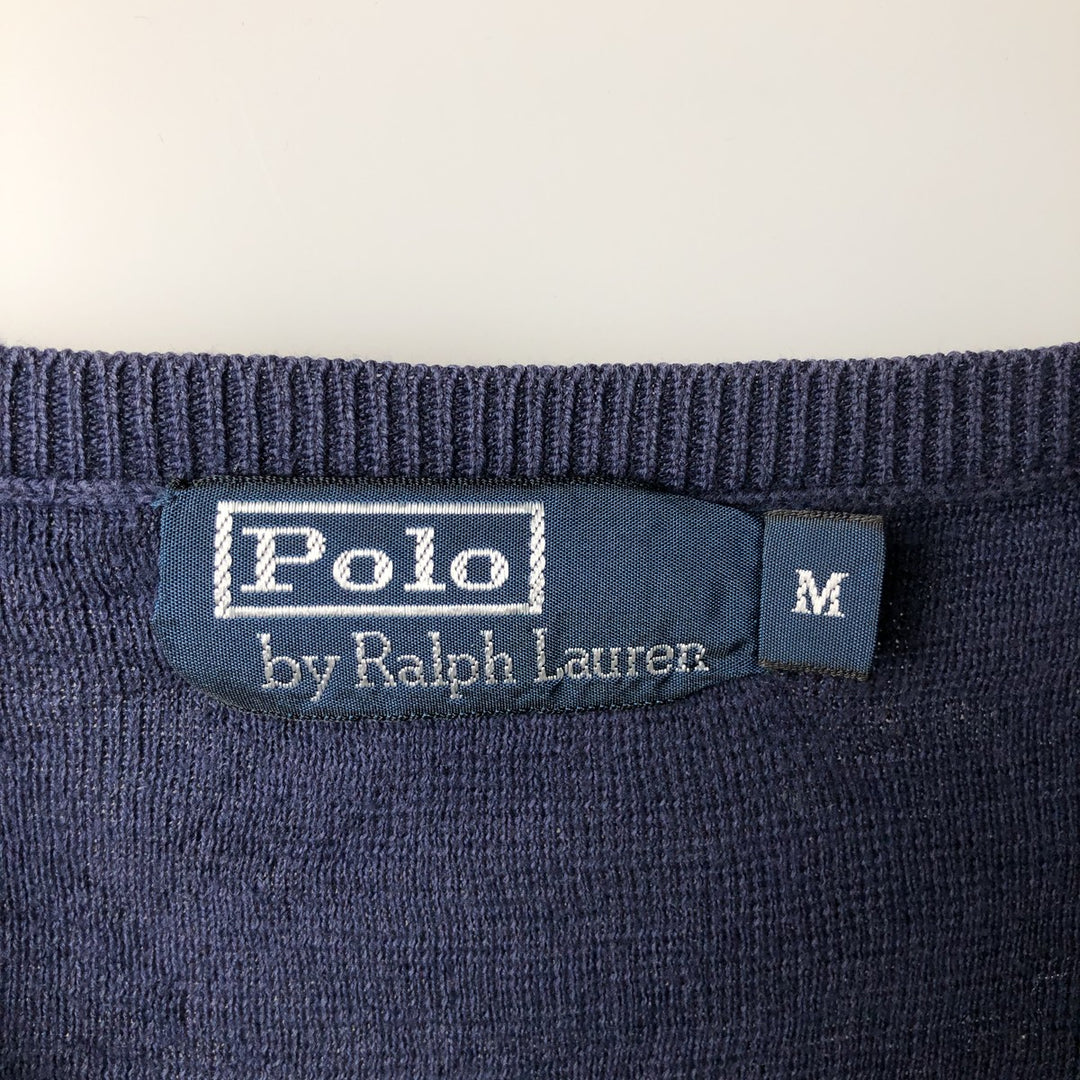 Ralph Lauren POLO by Ralph Lauren V-neck cotton knit sweater, men's size M Pima Cotton navy blue type Vintage Second Hand