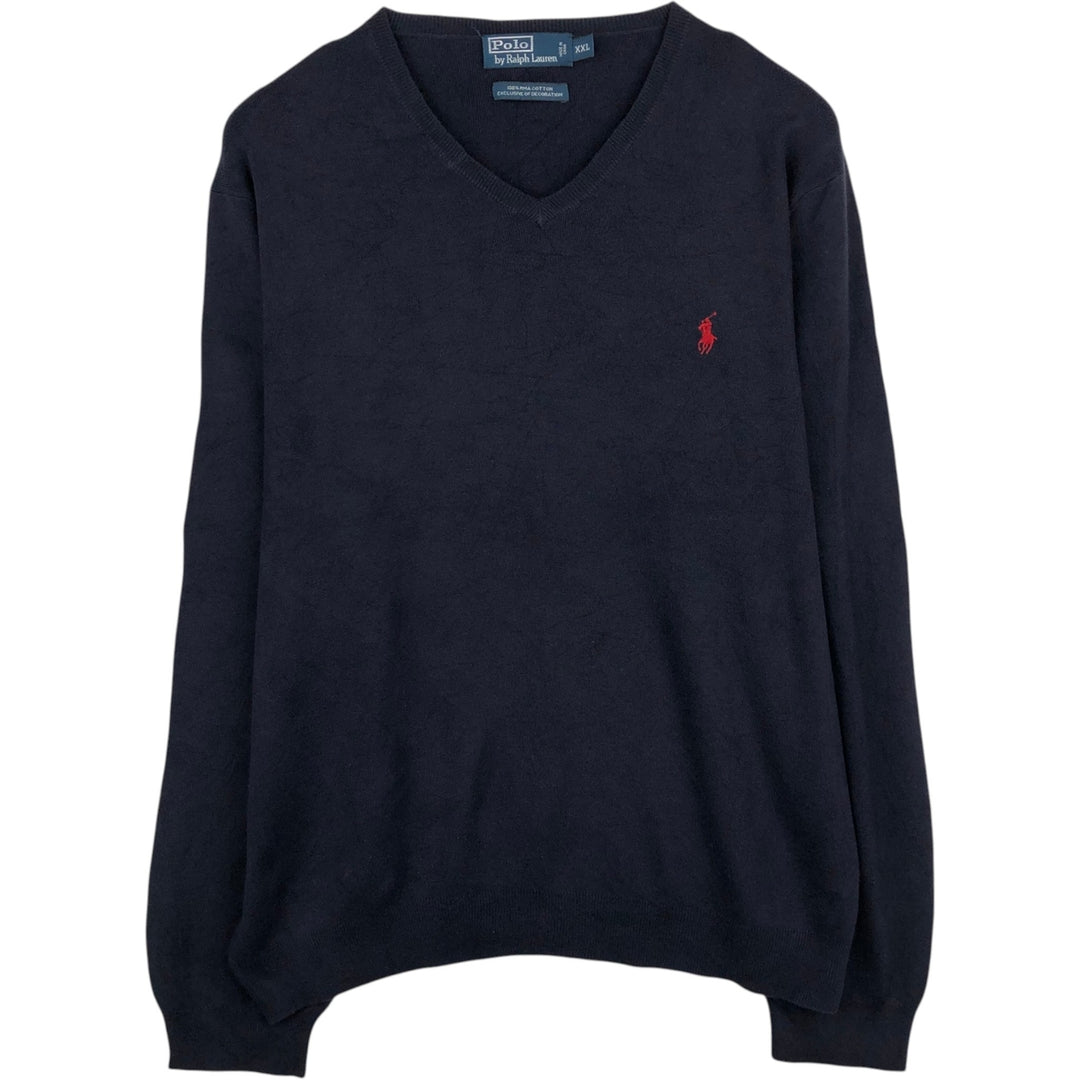 Ralph Lauren POLO by Ralph Lauren V-neck Pima cotton knit sweater, men's size XXL Pima Cotton navy blue type Vintage Second Hand