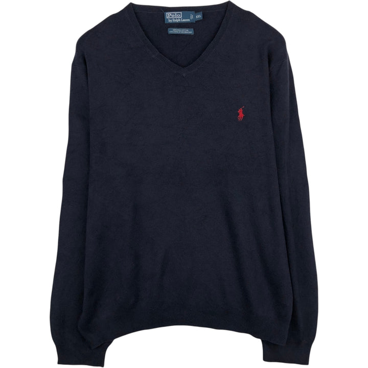 Ralph Lauren POLO by Ralph Lauren V-neck Pima cotton knit sweater, men's size XXL Pima Cotton navy blue type Vintage Second Hand