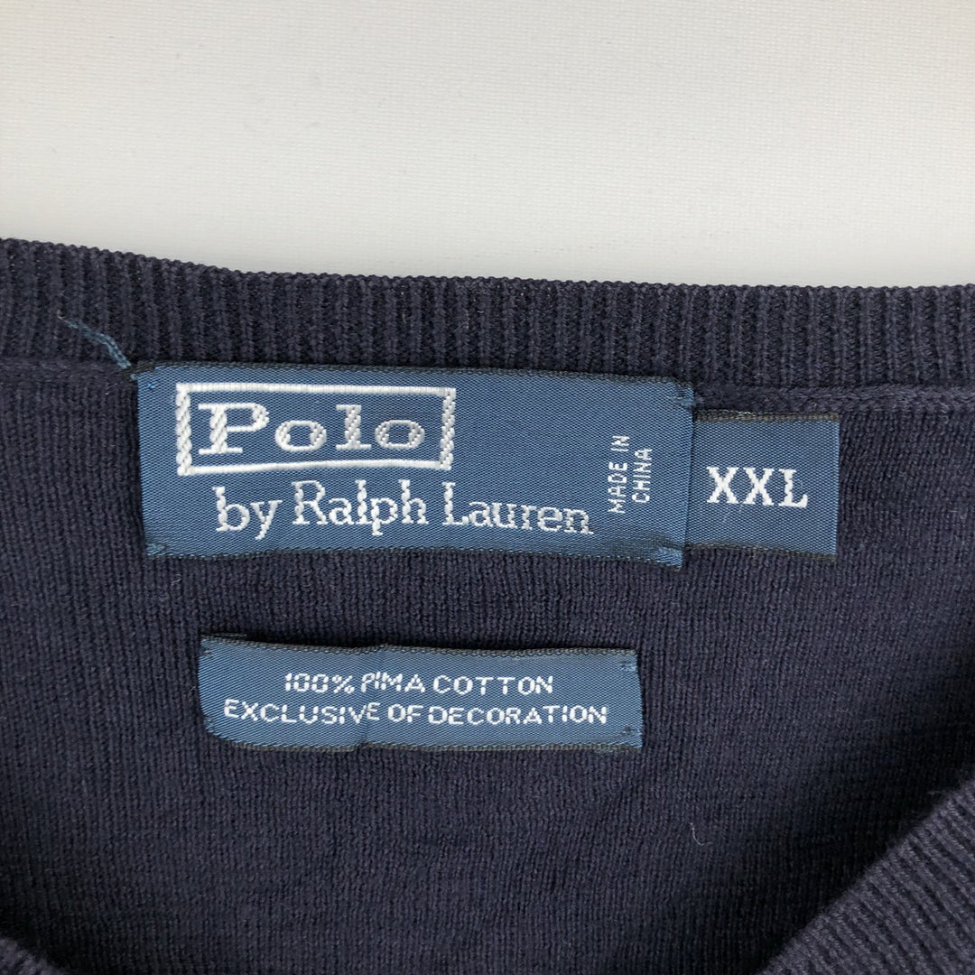 Ralph Lauren POLO by Ralph Lauren V-neck Pima cotton knit sweater, men's size XXL Pima Cotton navy blue type Vintage Second Hand