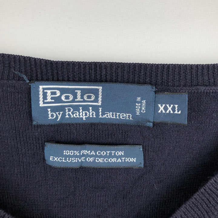 Ralph Lauren POLO by Ralph Lauren V-neck Pima cotton knit sweater, men's size XXL Pima Cotton navy blue type Vintage Second Hand