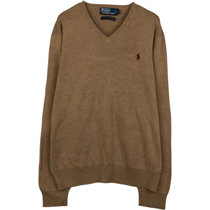 Ralph Lauren POLO by Ralph Lauren V-neck Pima cotton knit sweater, men's size M Pima Cotton beige type brown Vintage Second Hand