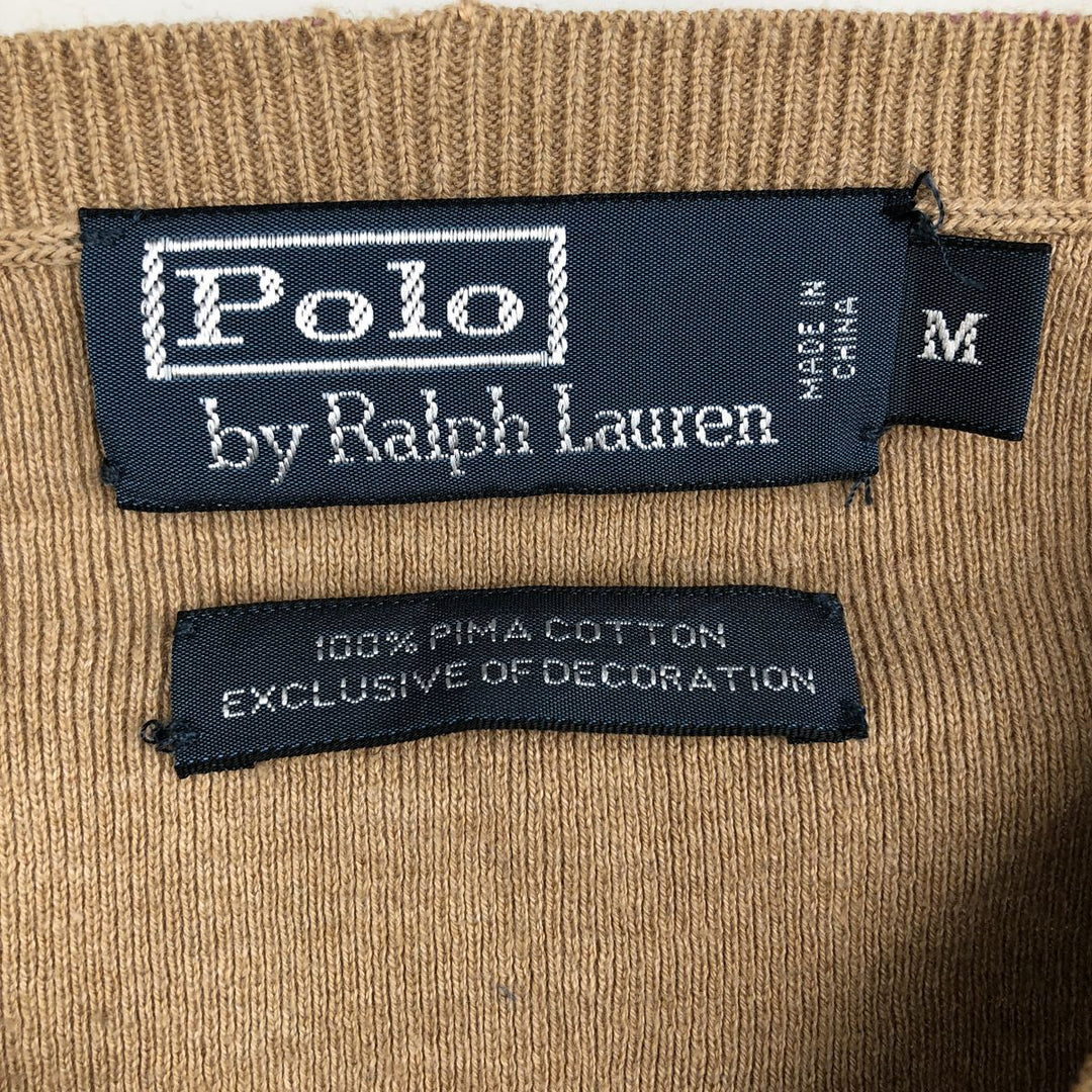 Ralph Lauren POLO by Ralph Lauren V-neck Pima cotton knit sweater, men's size M Pima Cotton beige type brown Vintage Second Hand