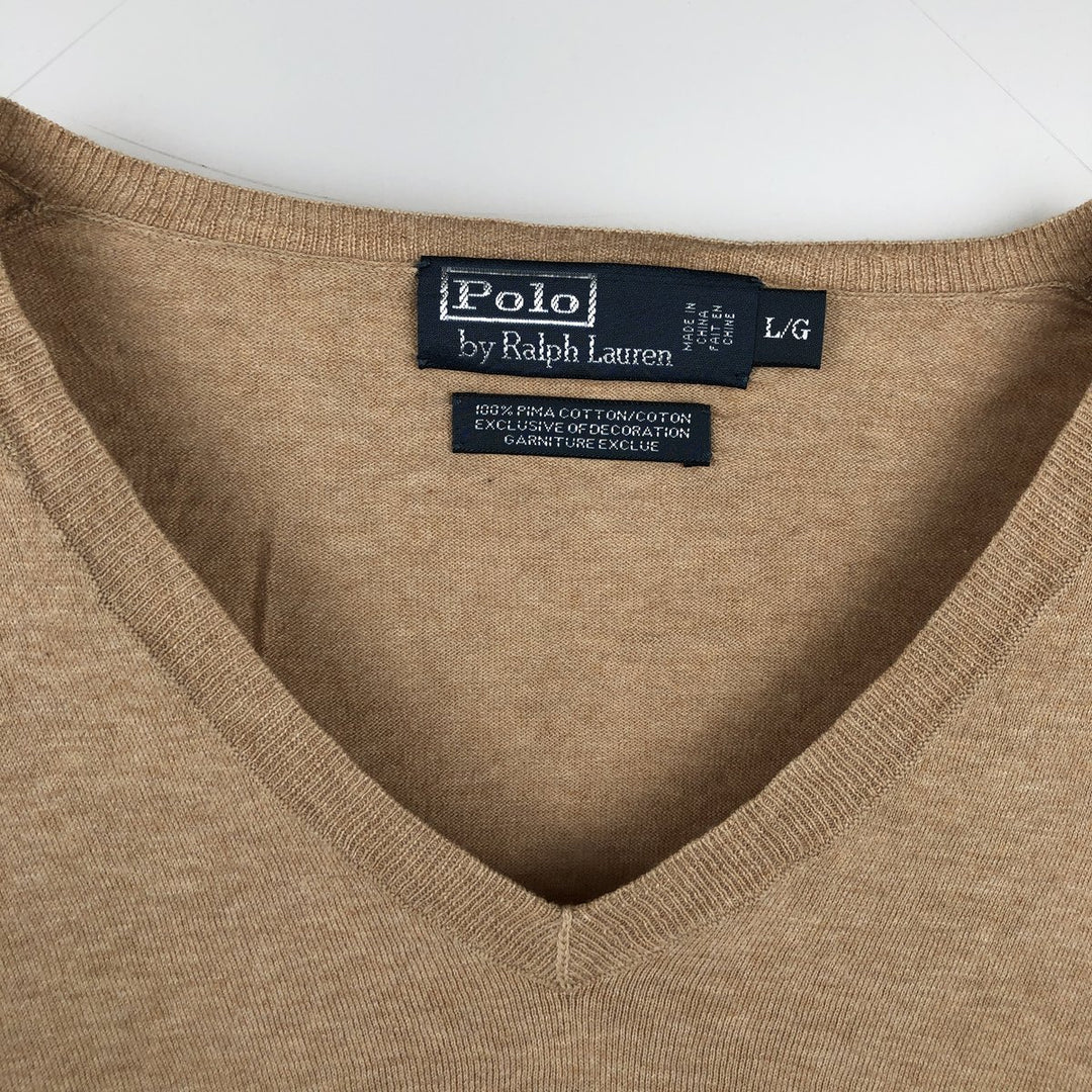 Ralph Lauren POLO by Ralph Lauren V-neck Pima cotton knit sweater, men's size L Pima Cotton Beige type Vintage Second Hand