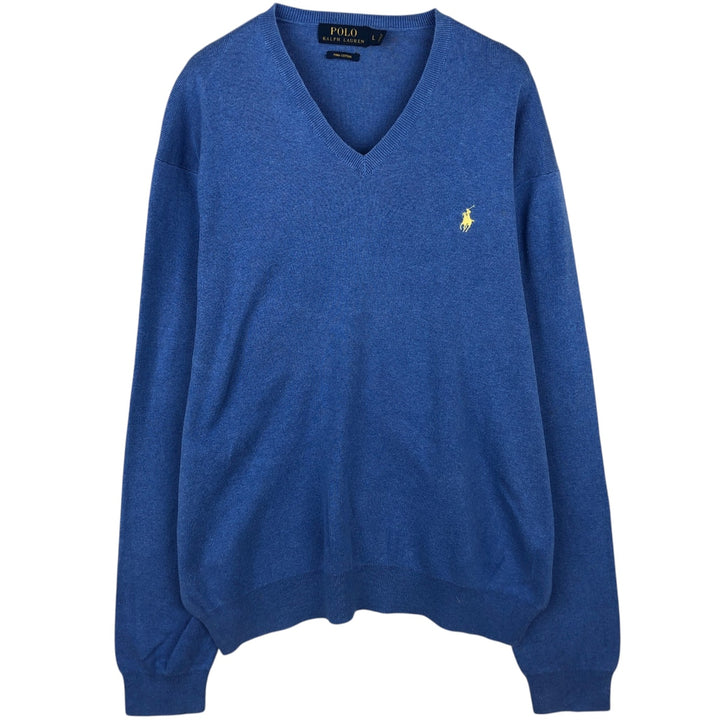 Ralph Lauren POLO RALPH LAUREN V-neck Pima cotton knit sweater, men's size L Pima Cotton blue type Vintage Second Hand