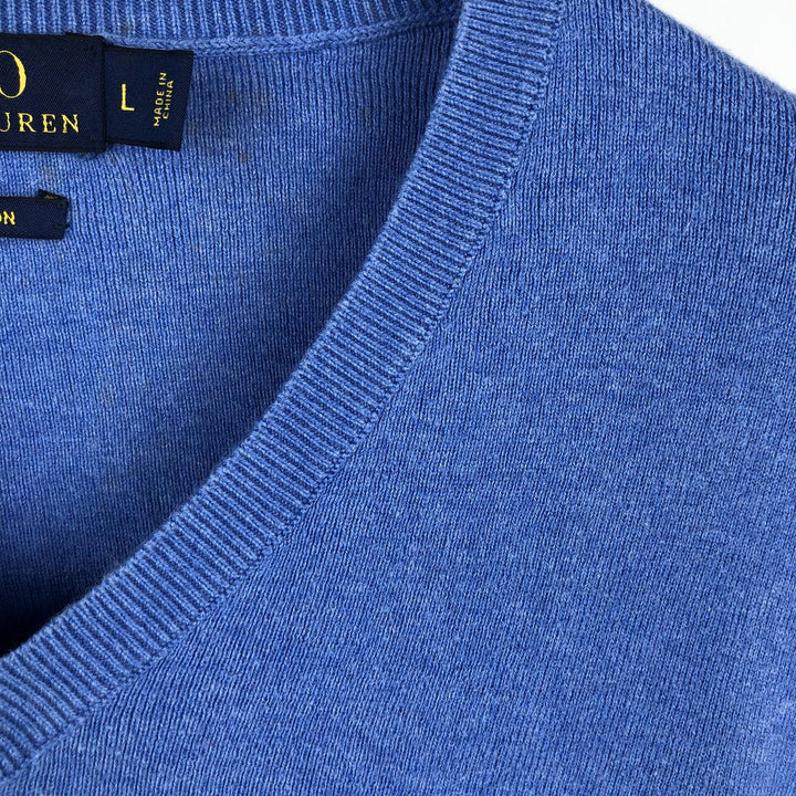 Ralph Lauren POLO RALPH LAUREN V-neck Pima cotton knit sweater, men's size L Pima Cotton blue type Vintage Second Hand