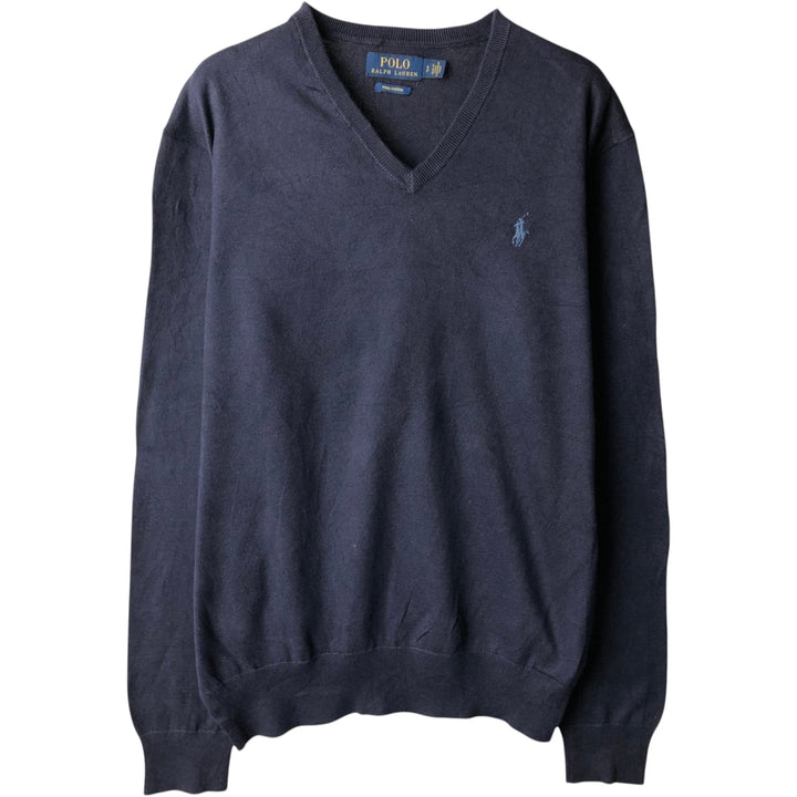 Ralph Lauren POLO RALPH LAUREN PIMA COTTON V-neck knit sweater, men's size S (approx.) Pima Cotton navy blue type Vintage Second Hand