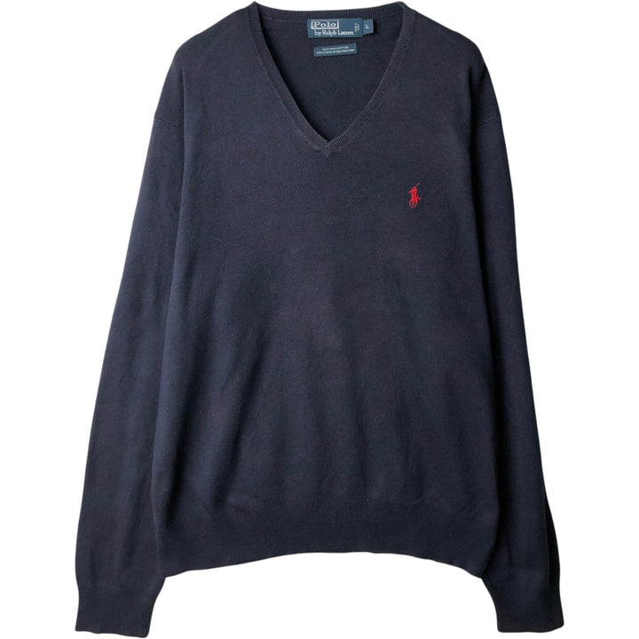 Ralph Lauren POLO by Ralph Lauren V-neck Pima cotton knit sweater, men's size L Pima Cotton navy blue type Vintage Second Hand