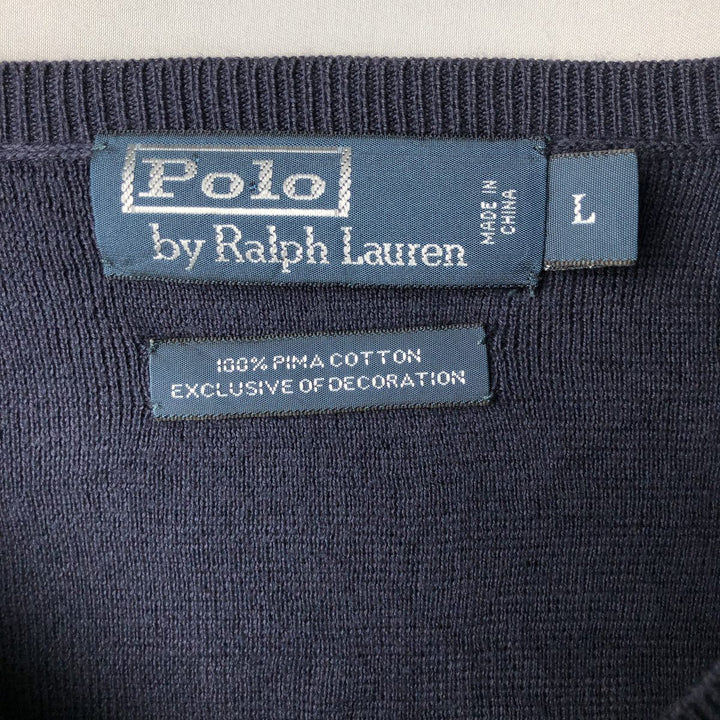 Ralph Lauren POLO by Ralph Lauren V-neck Pima cotton knit sweater, men's size L Pima Cotton navy blue type Vintage Second Hand