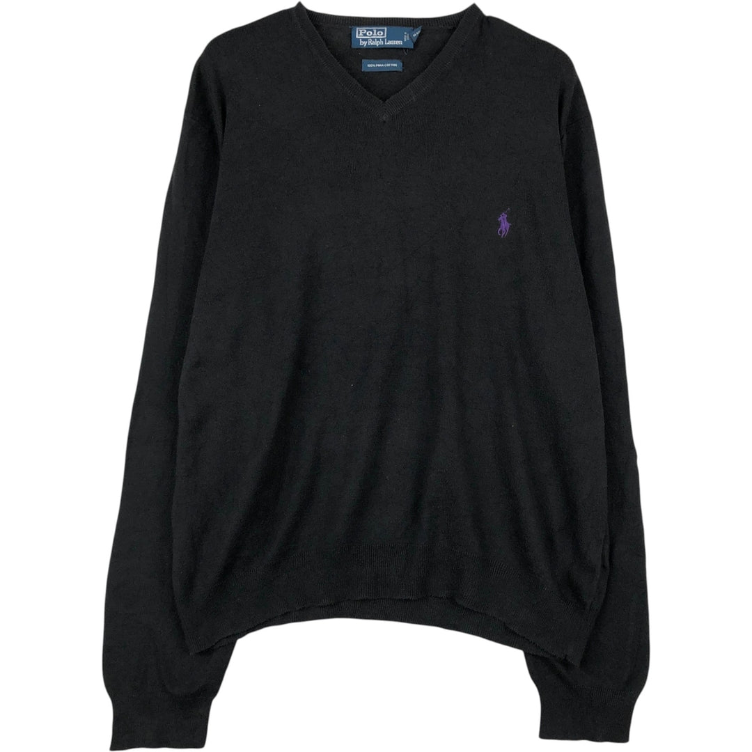 Ralph Lauren POLO by Ralph Lauren V-neck Pima cotton knit sweater, men's size L Pima Cotton black type Vintage Second Hand
