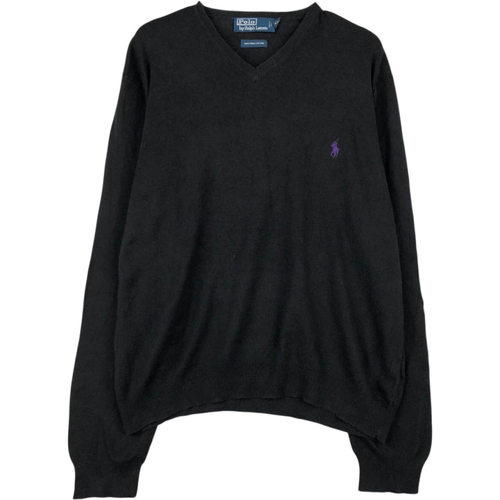 Ralph Lauren POLO by Ralph Lauren V-neck Pima cotton knit sweater, men's size L Pima Cotton black type Vintage Second Hand