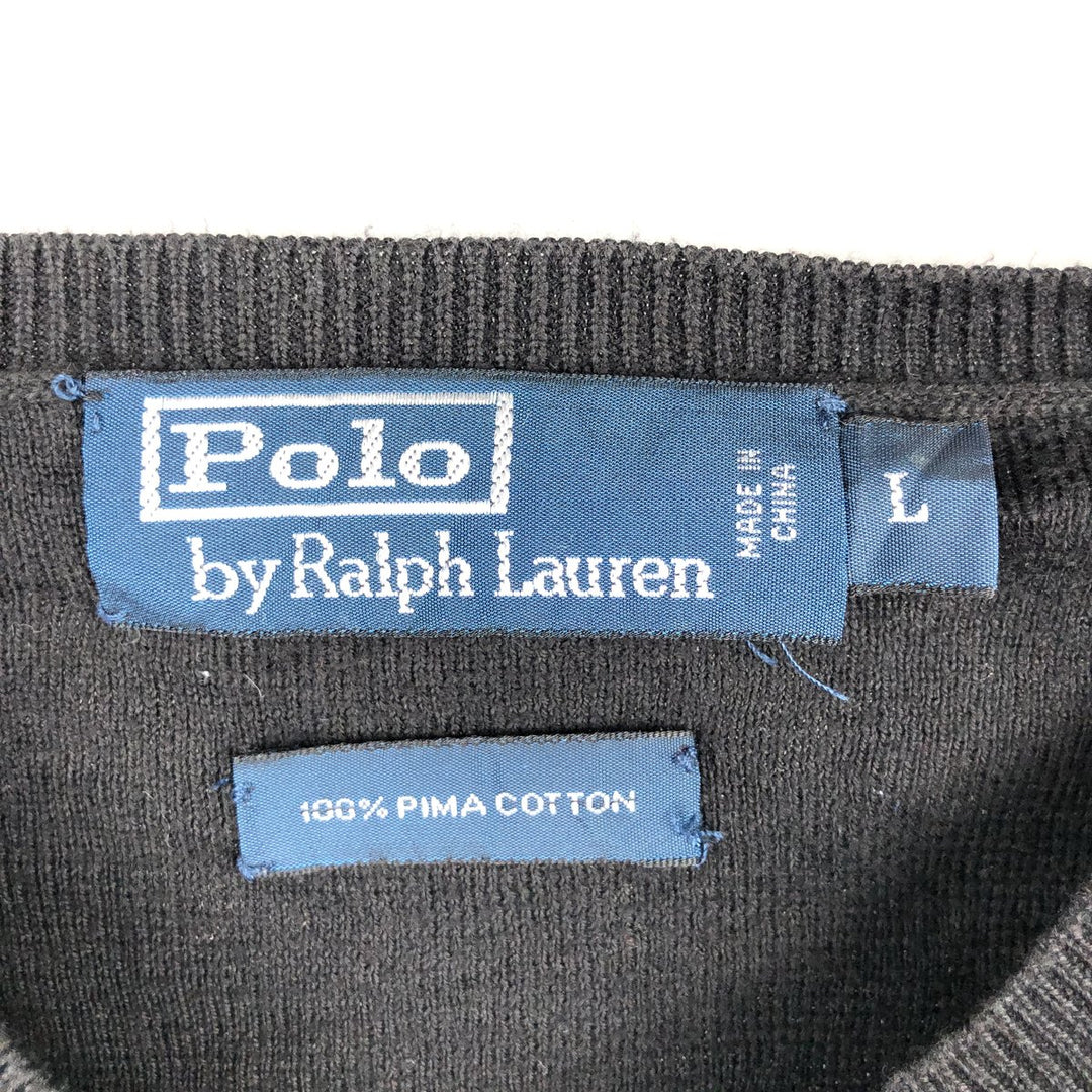 Ralph Lauren POLO by Ralph Lauren V-neck Pima cotton knit sweater, men's size L Pima Cotton black type Vintage Second Hand