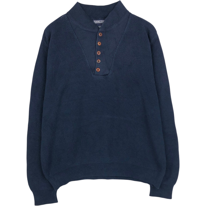 Lands' End Henley Neck Cotton Knit Sweater, Made in USA, Men's Size M (approx.) cotton navy blue type Vintage Second Hand
