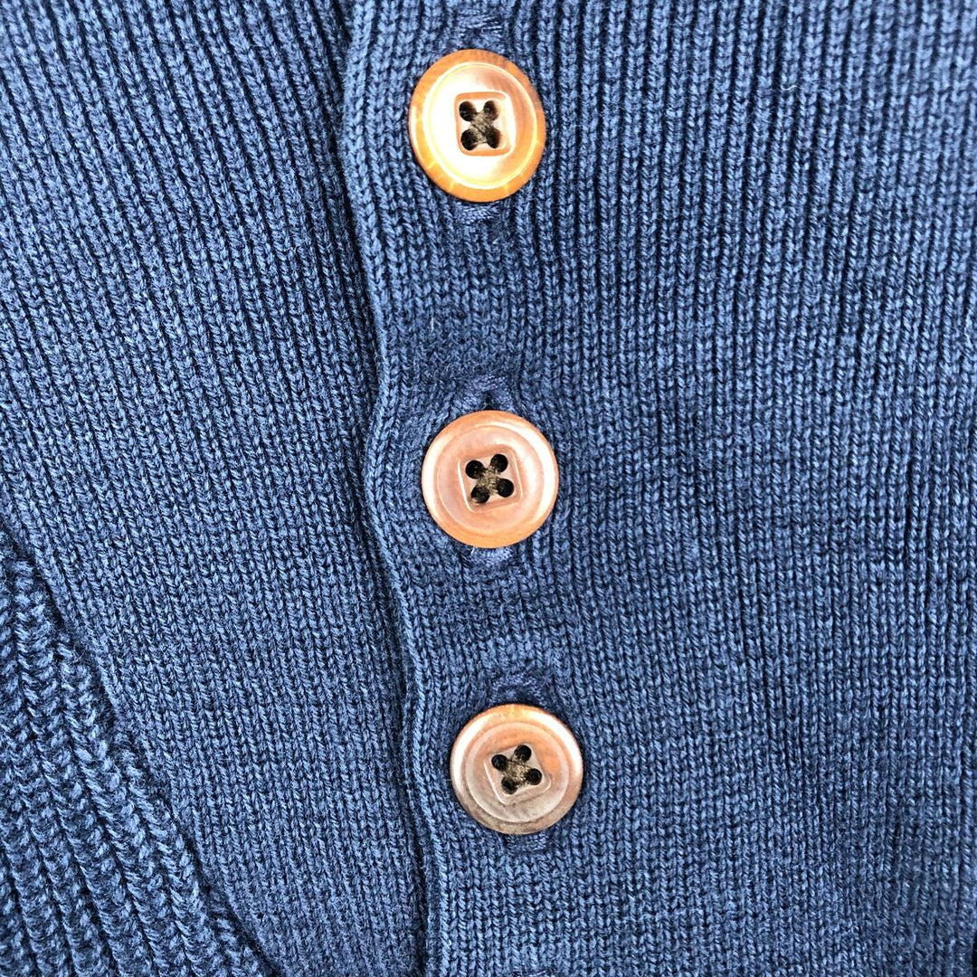 Lands' End Henley Neck Cotton Knit Sweater, Made in USA, Men's Size M (approx.) cotton navy blue type Vintage Second Hand