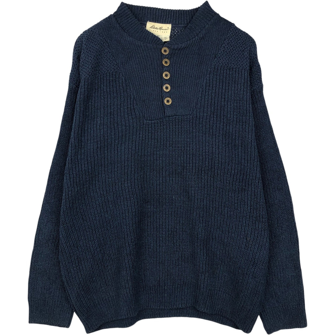 2000'S Eddie Bauer Henley Neck Cotton Knit Half-Button Sweater, Made in USA, Men's Size L (approx.) cotton navy blue type Vintage Second Hand