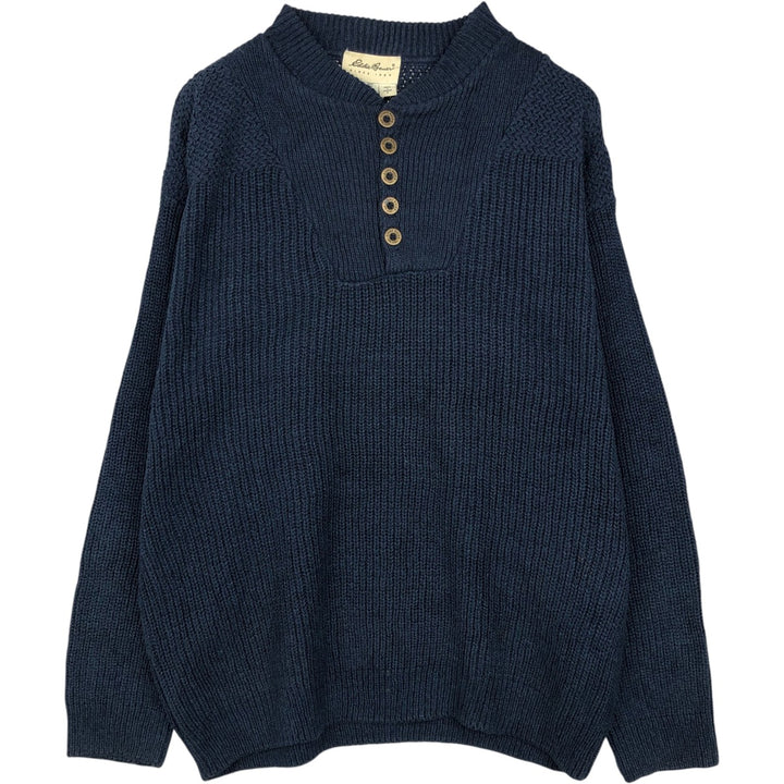 2000'S Eddie Bauer Henley Neck Cotton Knit Half-Button Sweater, Made in USA, Men's Size L (approx.) cotton navy blue type Vintage Second Hand
