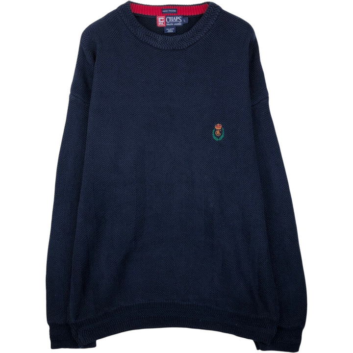 Ralph Lauren CHAPS Herringbone Cotton Knit Sweater, Men's Size L cotton navy blue type Vintage Second Hand