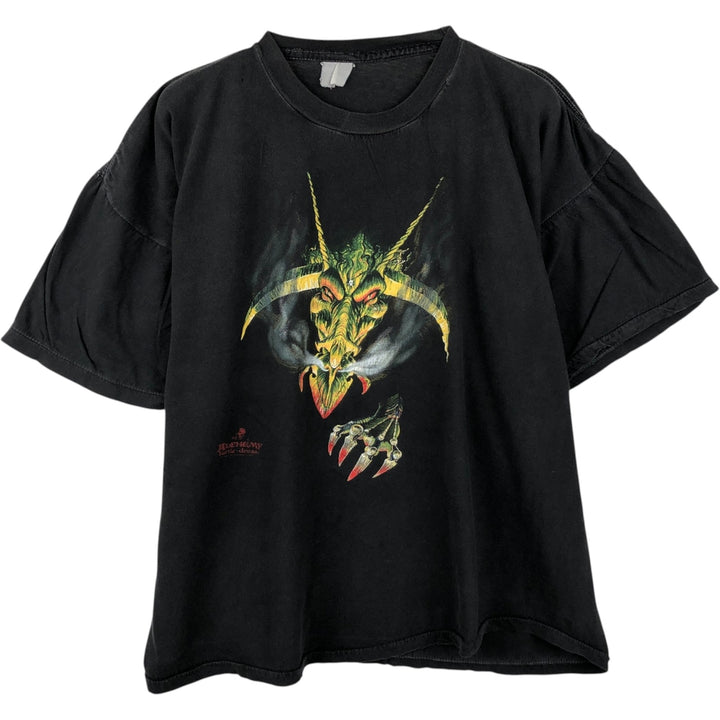 Alchemy Battle Dress Dragon Pattern Print T-Shirt (Men's XL equivalent) unclear black type Vintage Second Hand
