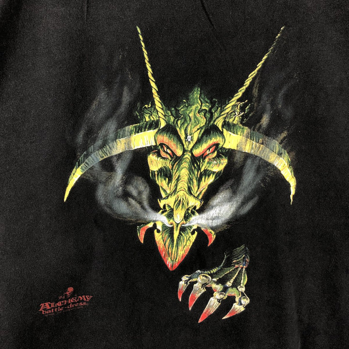 Alchemy Battle Dress Dragon Pattern Print T-Shirt (Men's XL equivalent) unclear black type Vintage Second Hand