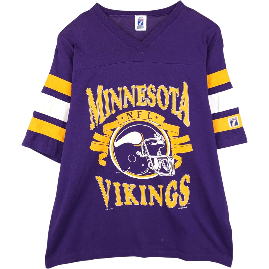 90'S Logo Seven NFL Minnesota Vikings V-neck Football T-shirt, Made in USA, Men's Size L (approx.) unclear purple type Vintage Second Hand