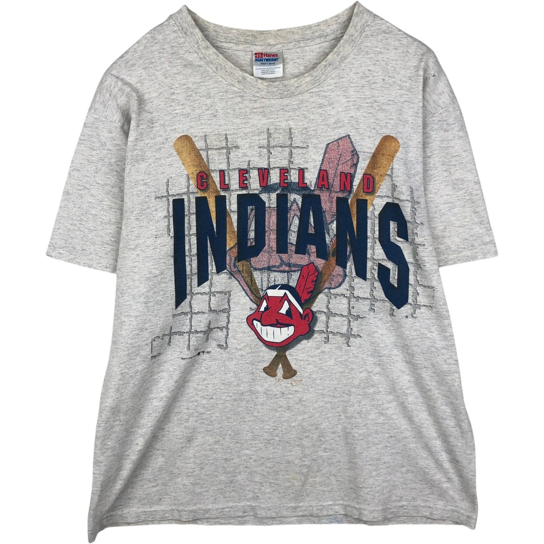 90'S Hanes Heavyweight MLB Cleveland Indians Sports Print T-Shirt (Men's Size L) cotton gray type Vintage Second Hand