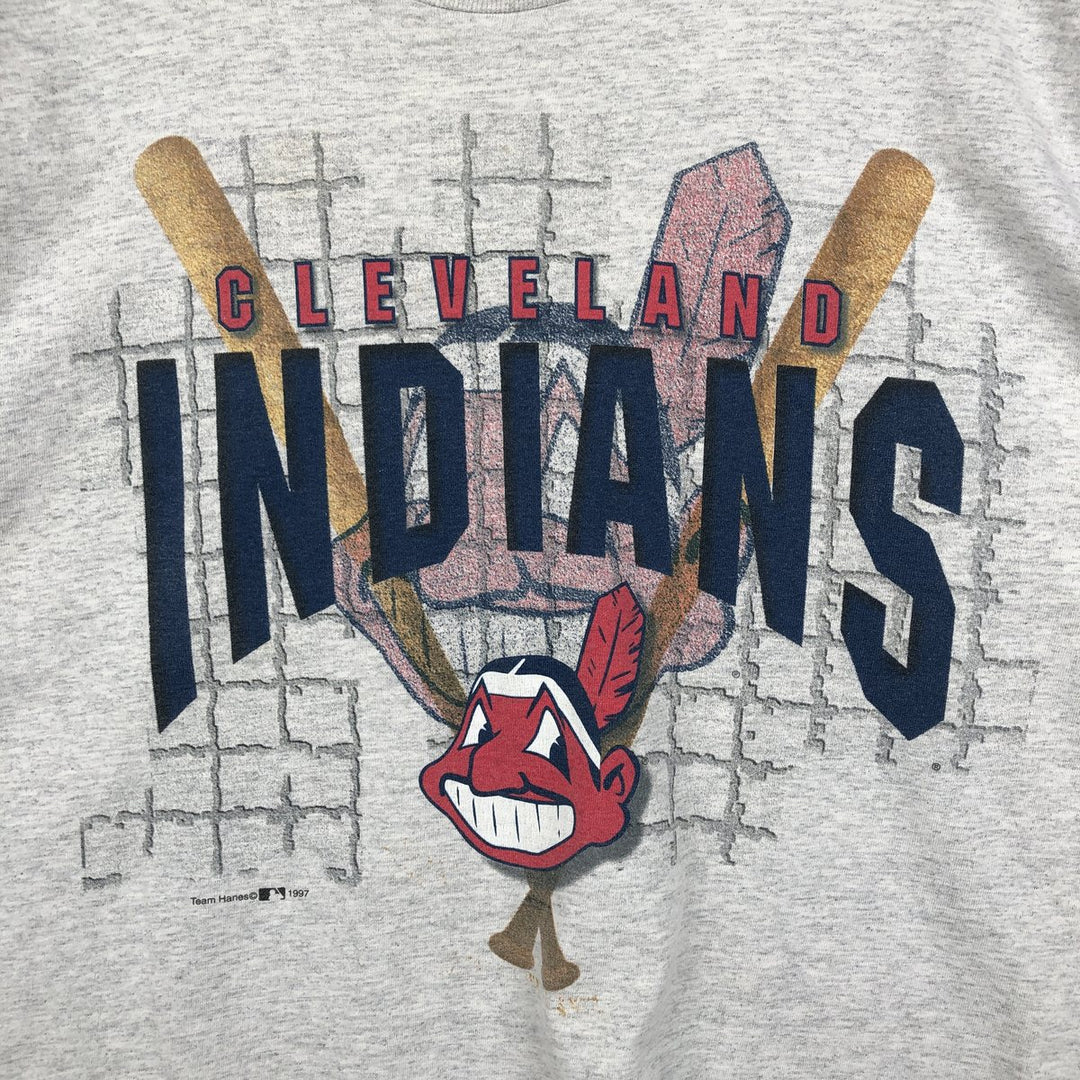 90'S Hanes Heavyweight MLB Cleveland Indians Sports Print T-Shirt (Men's Size L) cotton gray type Vintage Second Hand