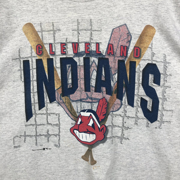 90'S Hanes Heavyweight MLB Cleveland Indians Sports Print T-Shirt (Men's Size L) cotton gray type Vintage Second Hand