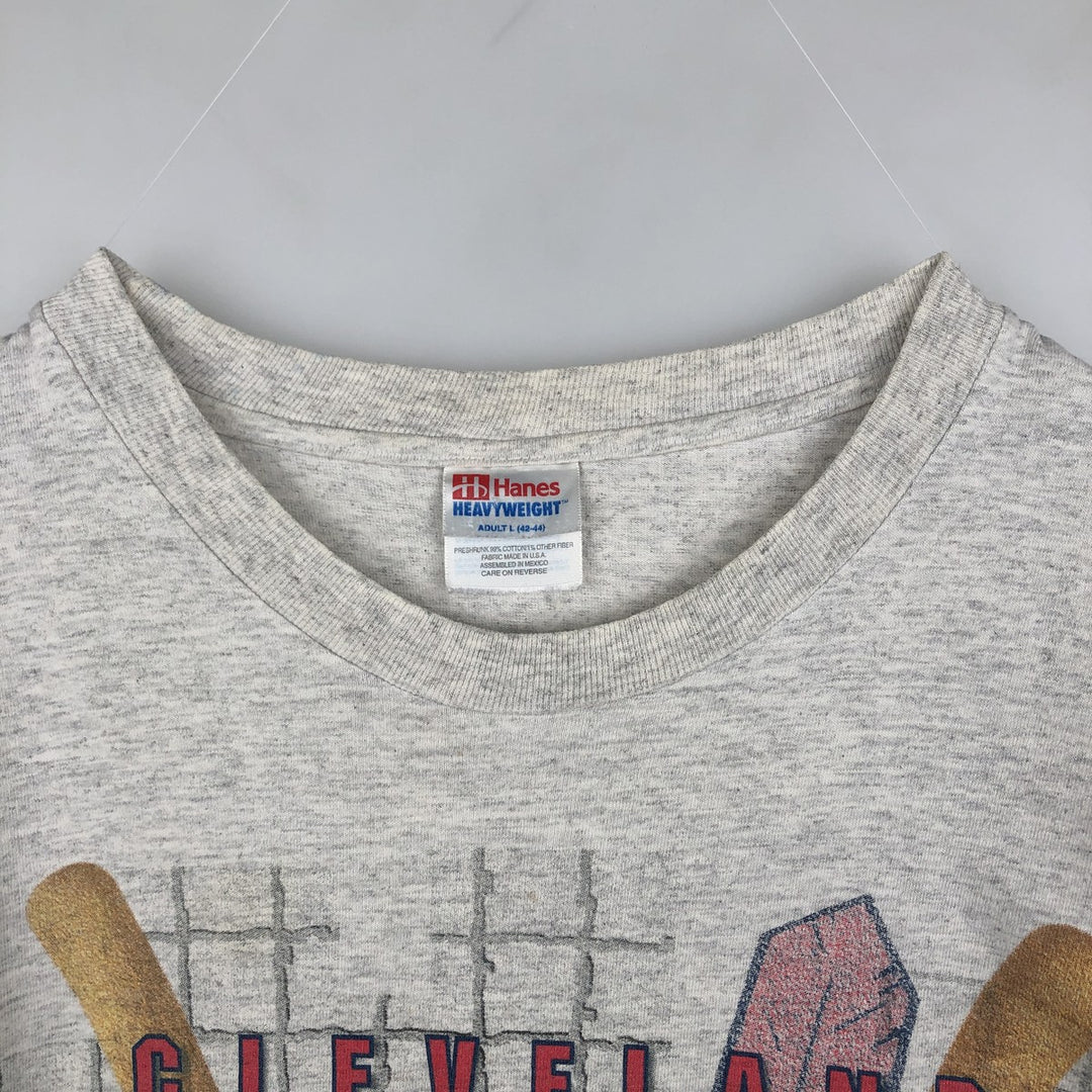 90'S Hanes Heavyweight MLB Cleveland Indians Sports Print T-Shirt (Men's Size L) cotton gray type Vintage Second Hand