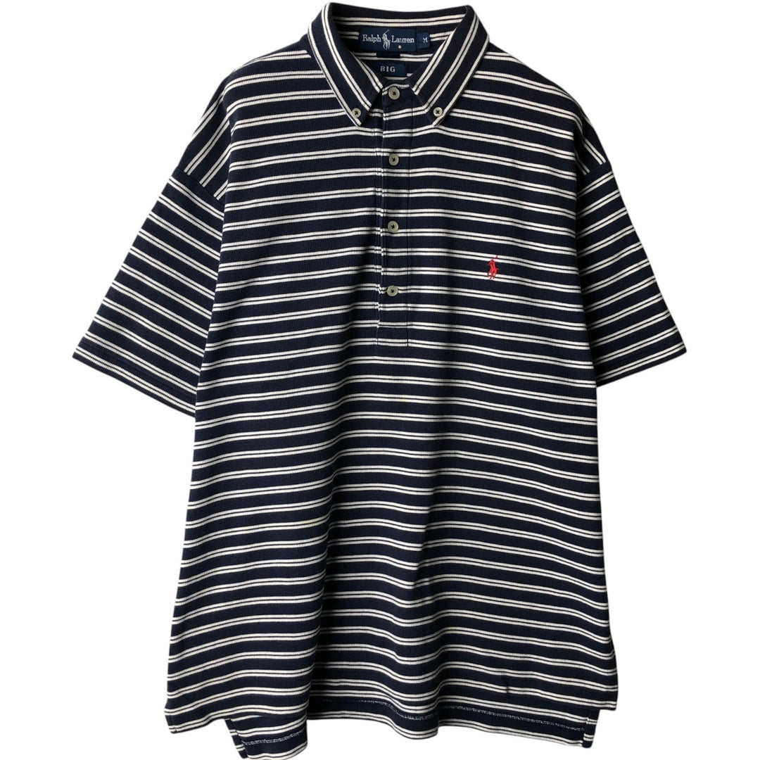 Ralph Lauren BIG Short-Sleeve Striped Button-Down Polo Shirt, Men's Size M (approx.) cotton navy blue type Vintage Second Hand