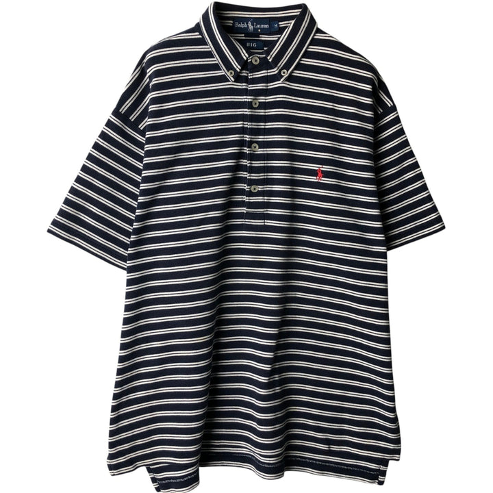 Ralph Lauren BIG Short-Sleeve Striped Button-Down Polo Shirt, Men's Size M (approx.) cotton navy blue type Vintage Second Hand