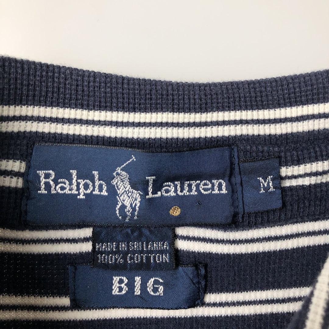 Ralph Lauren BIG Short-Sleeve Striped Button-Down Polo Shirt, Men's Size M (approx.) cotton navy blue type Vintage Second Hand