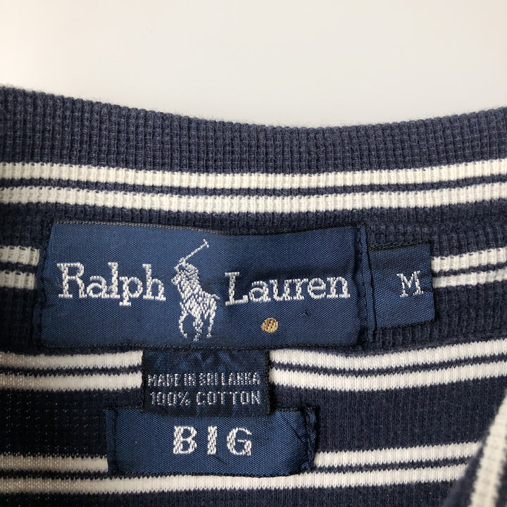 Ralph Lauren BIG Short-Sleeve Striped Button-Down Polo Shirt, Men's Size M (approx.) cotton navy blue type Vintage Second Hand