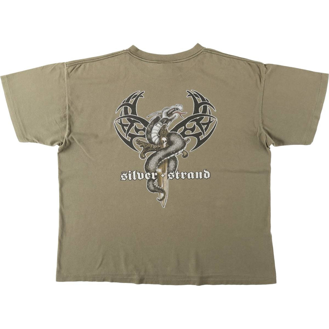 90'S Silver Strand Dragon Pattern Tribal Print T-Shirt, Made in USA, Men's Size L (Equivalent), Vintage cotton Khaki type Vintage Second Hand