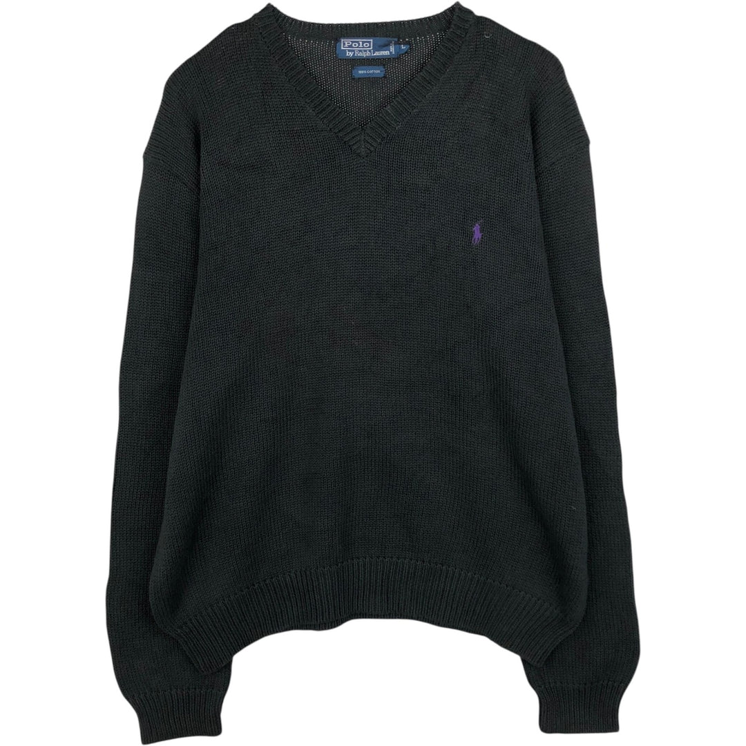 Ralph Lauren POLO by Ralph Lauren V-neck cotton knit sweater, men's size L cotton Charcoal Vintage Second Hand