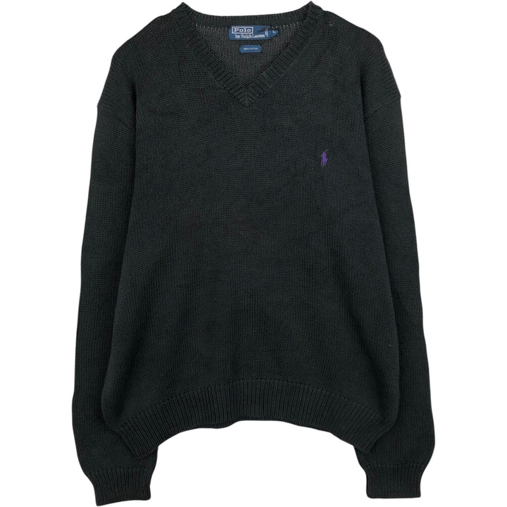 Ralph Lauren POLO by Ralph Lauren V-neck cotton knit sweater, men's size L cotton Charcoal Vintage Second Hand