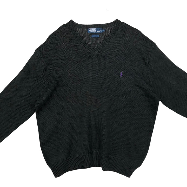 Ralph Lauren POLO by Ralph Lauren V-neck cotton knit sweater, men's size L cotton Charcoal Vintage Second Hand