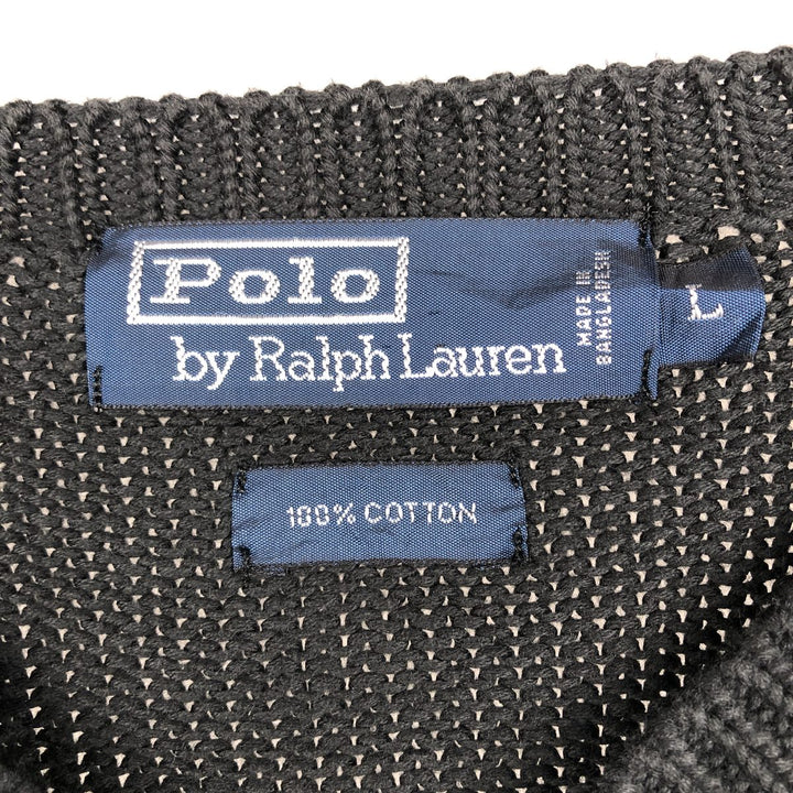 Ralph Lauren POLO by Ralph Lauren V-neck cotton knit sweater, men's size L cotton Charcoal Vintage Second Hand