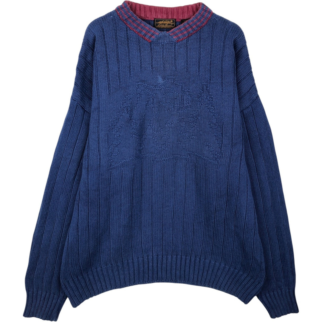 80s-90'S Eddie Bauer Black Tag Mock Neck Ribbed Cotton Knit Sweater, Men's Size L (Equivalent), Vintage cotton navy blue type Vintage Second Hand