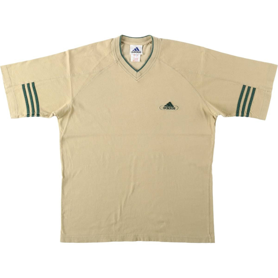 90'S Adidas V-neck T-shirt with a single logo, men's size M equivalent, vintage. cotton Beige type Vintage Second Hand