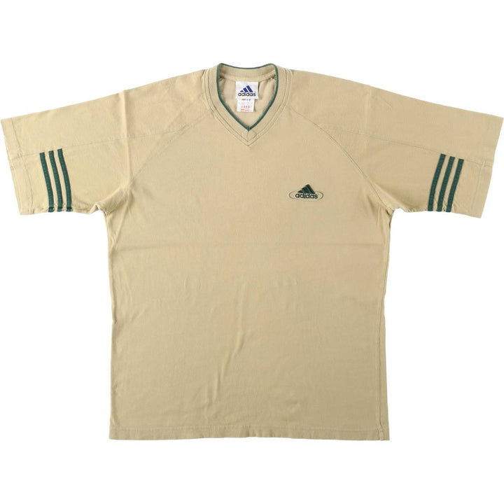 90'S Adidas V-neck T-shirt with a single logo, men's size M equivalent, vintage. cotton Beige type Vintage Second Hand