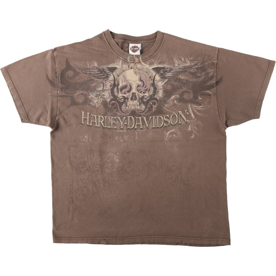 2000'S Harley-Davidson Skull Wing Skull Pattern Motorcycle T-Shirt, Made in USA, Men's XL equivalent. cotton brown type Vintage Second Hand