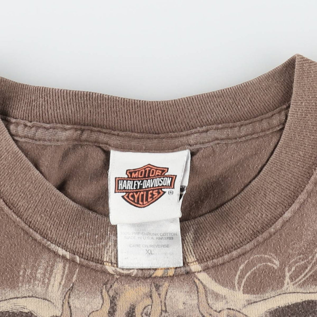 2000'S Harley-Davidson Skull Wing Skull Pattern Motorcycle T-Shirt, Made in USA, Men's XL equivalent. cotton brown type Vintage Second Hand