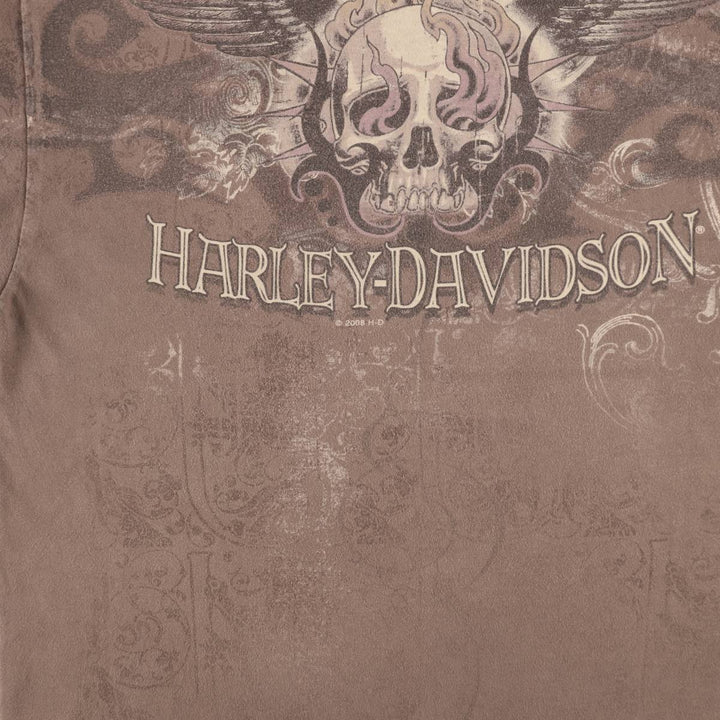 2000'S Harley-Davidson Skull Wing Skull Pattern Motorcycle T-Shirt, Made in USA, Men's XL equivalent. cotton brown type Vintage Second Hand
