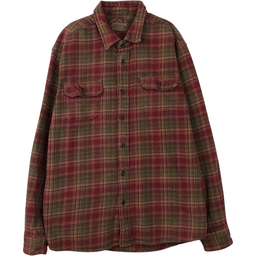 ORVIS Long-Sleeve Heavy Flannel Check Shirt, Men's XXL Equivalent, Long Sleeve cotton red type Vintage Second Hand