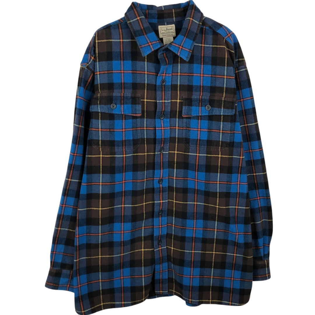 90s-00'S L.L.Bean Traditional Fit Long-Sleeve Flannel Check Shirt, Men's Size XL (Equivalent), Vintage cotton blue type Vintage Second Hand