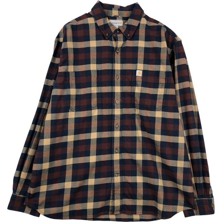 Carhartt Relaxed Fit Long Sleeve Button-Down Light Flannel Check Shirt, Men's Size XL cotton navy blue type Vintage Second Hand